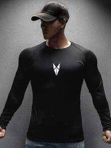 Gym Rark Men's Slim Fit Geometric Print Long Sleeve Athletic T-Shirt Spandex Shirts Men Compression Tops Compression Long Sleeve Men Compression Shirts Compression Top Compression Shirt Men - Black - View 4
