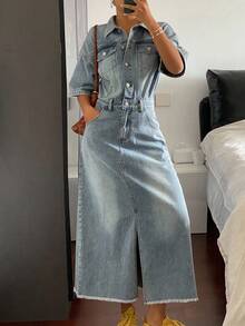 DAZY 女式短袖修身马球领收腰过膝休闲牛仔连衣裙