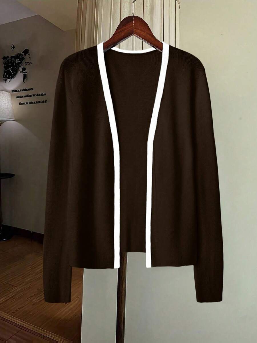 Lyxana Fashionable Minimalist Contrast Color Trim Cardigan, Versatile - Brown - View 1