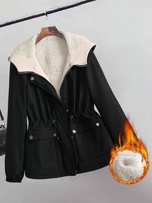 GlowEve Áo khoác parka dài tay có mũ lót giữ nhiệt, thắt eo, có túi, phong cách Pháp thanh lịch, cổ điển, đa năng, thời trang công sở, mùa thu/đông, màu be, thích hợp mặc đi làm hàng ngày - màu đen - Xem 3