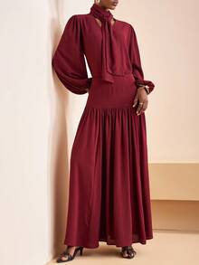 Zivah 2025 Winter New Style, Christmas, New Year, Birthday Party, Party, Back To School, Preppy Style, Student Wear, Everyday Outing, Basic Versatile, Casual, Cruise Travel, Influencer Style, Street Style, Elegant, Commuter, Business Casual, Small Stand-Up Collar, Tie Front Collar, Small V-Neck Bubble Effect, Long Sleeve Straight-Cut Loose Shirt With Gathered Maxi Skirt, Burgundy Suit, Winter Suit, Christmas Suit, New Year Suit, Women's Two-Piece Suit - Red Violet - View 1