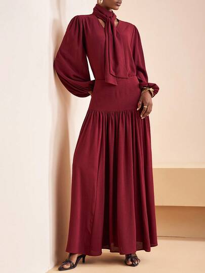 Zivah 2025 Winter New Style, Christmas, New Year, Birthday Party, Party, Back To School, Preppy Style, Student Wear, Everyday Outing, Basic Versatile, Casual, Cruise Travel, Influencer Style, Street Style, Elegant, Commuter, Business Casual, Small Stand-Up Collar, Tie Front Collar, Small V-Neck Bubble Effect, Long Sleeve Straight-Cut Loose Shirt With Gathered Maxi Skirt, Burgundy Suit, Winter Suit, Christmas Suit, New Year Suit, Women's Two-Piece Suit