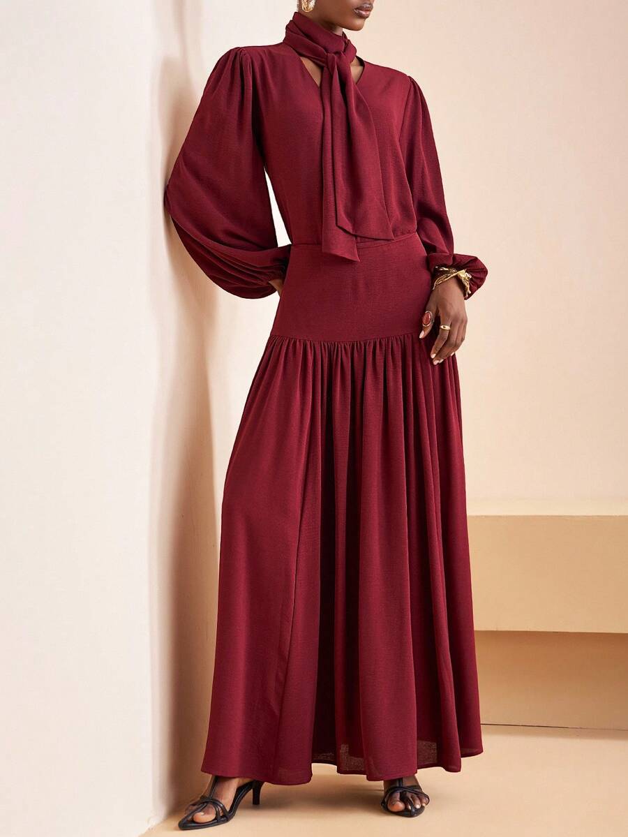 Zivah 2025 Winter New Style, Christmas, New Year, Birthday Party, Party, Back To School, Preppy Style, Student Wear, Everyday Outing, Basic Versatile, Casual, Cruise Travel, Influencer Style, Street Style, Elegant, Commuter, Business Casual, Small Stand-Up Collar, Tie Front Collar, Small V-Neck Bubble Effect, Long Sleeve Straight-Cut Loose Shirt With Gathered Maxi Skirt, Burgundy Suit, Winter Suit, Christmas Suit, New Year Suit, Women's Two-Piece Suit - Red Violet - View 1