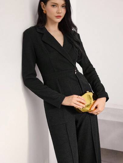 Heiryn 女士纯色翻领长袖褶皱阔腿优雅连体裤