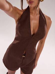 SHEIN BAE 女士时尚性感露背吊带上衣，夏季 - 咖啡棕 - 查看 6