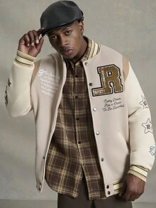 PAVTROS Veste de baseball pour hommes à imprimé contraste couleur patchwork, slogan et lettre, pour l'automne/l'hiver, la sortie, le streetwear. Veste color block manches longues de baseball. Idéal pour offrir à des amis, un mari ou un petit ami. Veste de sport pour hommes, veste de baseball, veste graphique pour hommes. - Multicolore - Voir 1