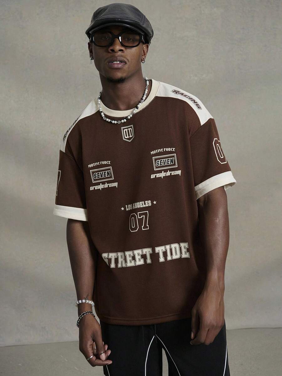 PAVTROS Men Summer Round Neck Short Sleeve Letter Printed Casual Jersey T-Shirt, Street Wear, Boyfriend Gift, Manfinity Hupemode Men Summer Casual Color Block Letter Print Short Sleeve T Shirt For Going Out For Friends, Street Wear Tops, Brown Jersey - Coffee Brown - View 1