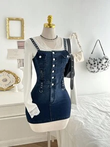 Elamini 女式单排扣拉链设计休闲牛仔连身裤 - 藍色 - 查看 1