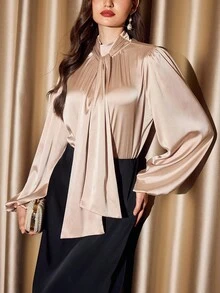 Vintamour Vintage Elegant Women Satin Tie Cuff Long Sleeve Blouse Commute Vacation Holiday Party Fall For Women Winter Christmas Autumn/Winter For Women Christmas For Women Thanksgiving For Women Party Satin Blouse For Women Silk Blouse Top For Women Elegant Blouse - Gold - View 5