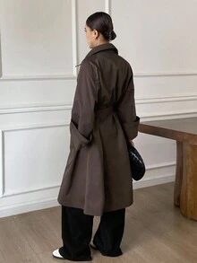 DAZY 女式宽松纯色长款腰带口袋翻领休闲优雅风衣，春秋 - 咖啡棕 - 查看 2