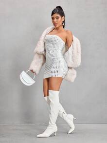 CUCCOO SZL 女士秋冬新款白色时尚超高过膝靴，百搭尖头小猫跟优雅简约弹力过膝靴 - 白色 - 查看 6