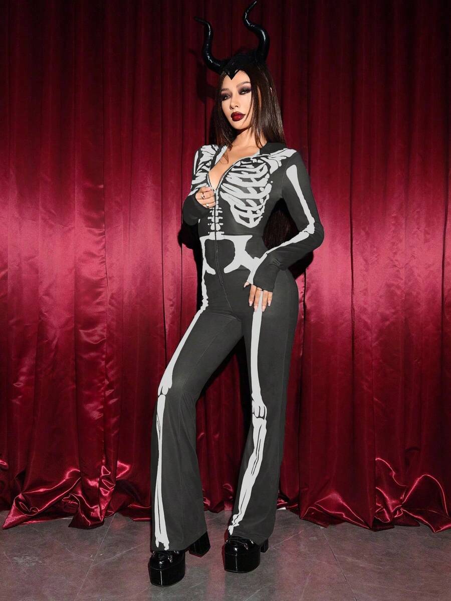 EgrlEra 万圣节骷髅印花前拉链立领长袖连体裤 - 灰色 - 查看 1
