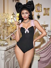 Spicy Aura Colorblock Ruffle Pleated Floral Bow Accent Backless Sexy Bodysuit For Women - Black - View 5