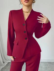 Elenzga Women's Commuter Solid Color V-Neck Slim Fit Single-Breasted Suit Set, Autumn - Burgundy - View 4