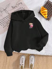 SHEIN Playful Pals 女童休闲可爱趣味卡布奇诺芭蕾舞者印花双面卫衣，黑色，适合日常、户外、运动和上学穿着，秋冬季款 - 黑色 - 查看 2