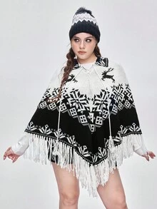 ROMWE Kawaii بونشو كنزة صوفية نسائية مقاس كبير بنمط رنة عيد الميلاد والثلج مع شرابات - أبيض وأسود - مشاهدة 6