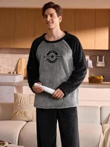 Manfinity Underwear&Sleepwear Basics 男士两件套抓绒睡衣套装，经典基础款，舒适柔软，适合居家穿着，秋冬季保暖舒适。 - 彩色 - 查看 5