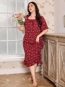 CottageSlumber 大码女士浪漫碎花方领短袖荷叶边长款睡裙，修身显瘦睡衣，女士加大码睡衣，宽松睡裙 - 酒紅色 - 查看 3