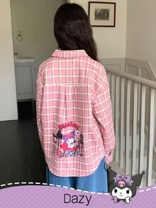 HELLO KITTY AND FRIENDS | SHEIN 秋季少女梭织格子长袖衬衫 - 粉色 - 查看 4