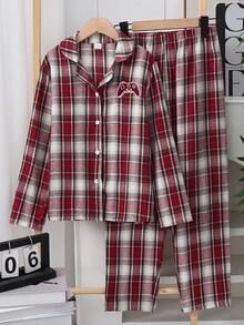 2pcs/Set Tween Boy Casual Plaid Long Sleeve Top And Loose Fit Pants Loungewear Set Fall Winter - Red - View 7