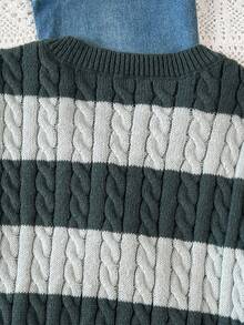 SHEIN Tween Girls Striped Color Block Cable Knit V-Neck Lantern Sleeve Oversized Pullover Sweater, Suitable For Autumn/Winter Outings Fall - Dark Grey - View 7