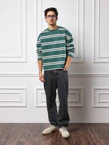 SUMWON Long Sleeve Forest Green Horizontal Striped Crew Neck T-Shirt Oversized Casual Autumn Streetwear Winter Knit Top Regular Fit - Green - View 4