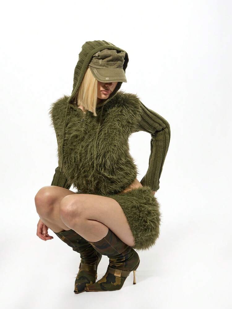 SUMWON WOMEN Fuzzy Faux Fur Cropped Hoodie