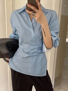 DAZY 新款秋季寬鬆休閒條紋商務休閒女款長袖上衣校園風 - 藍色 - 查看 5