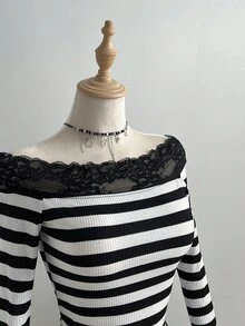 Elamini 女士休闲时尚日常通勤蕾丝拼布条纹露肩长袖T恤，秋冬 - 彩色 - 查看 7