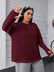 SHEIN EZwear 秋季大码休闲百搭酒红色长袖T恤 - 酒紅色 - 查看 5