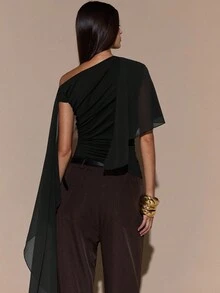 SHEIN BAE Women's Asymmetric Shoulder Ruched Neck Tie Knit Top, Elegant Fitted Sweater, Autumn/Winter,Black Top - Black - View 2