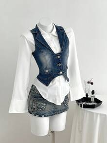 Elamini 女士休闲时尚街头翻领不对称下摆无袖单排扣牛仔衬衫，夏季 - 藍色 - 查看 3