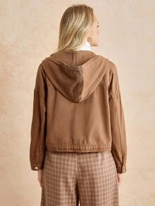 Écloséra 翻蓋口袋落肩袖抽繩連帽牛仔夾克 - 棕色 - 查看 2