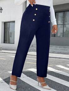 EMERY ROSE Plus Size Double Row Metal Decor Textured Fabric Straight Leg Knit Pants, Elegant For Commuting And Outings - Navy Blue - View 7