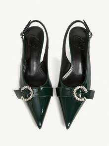 CUCCOO BIZCHIC Women's Pointed Toe Buckle Strap Open Back Kitten Heel Pumps - Dark Green - View 2