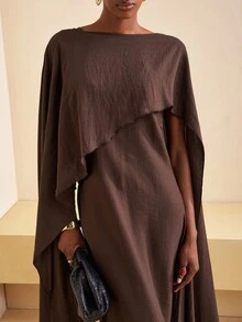 Zivah 2025 Autumn And Winter New Commuting Elegant Casual Vacation Brown Round Neck Sleeveless Long Dress + Asymmetrical Shawl Blouse Women Two Pieces Set, Travel, Commuting, Party, Vacation, Old Money Style, Shopping, Banquet, Elegant, Party, Date,Cozy Fall And Winter Clothes For Women