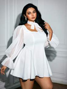 Viva Relle Damen Große Größen Einfarbiges Quadratausschnitt Mesh Langarm Elegantes Modekleid - Weiss - Übersicht 6