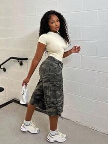 Alexandranx Women's Camouflage Patterned Casual Denim Pants With Pockets, Summer - Army Green - View 6