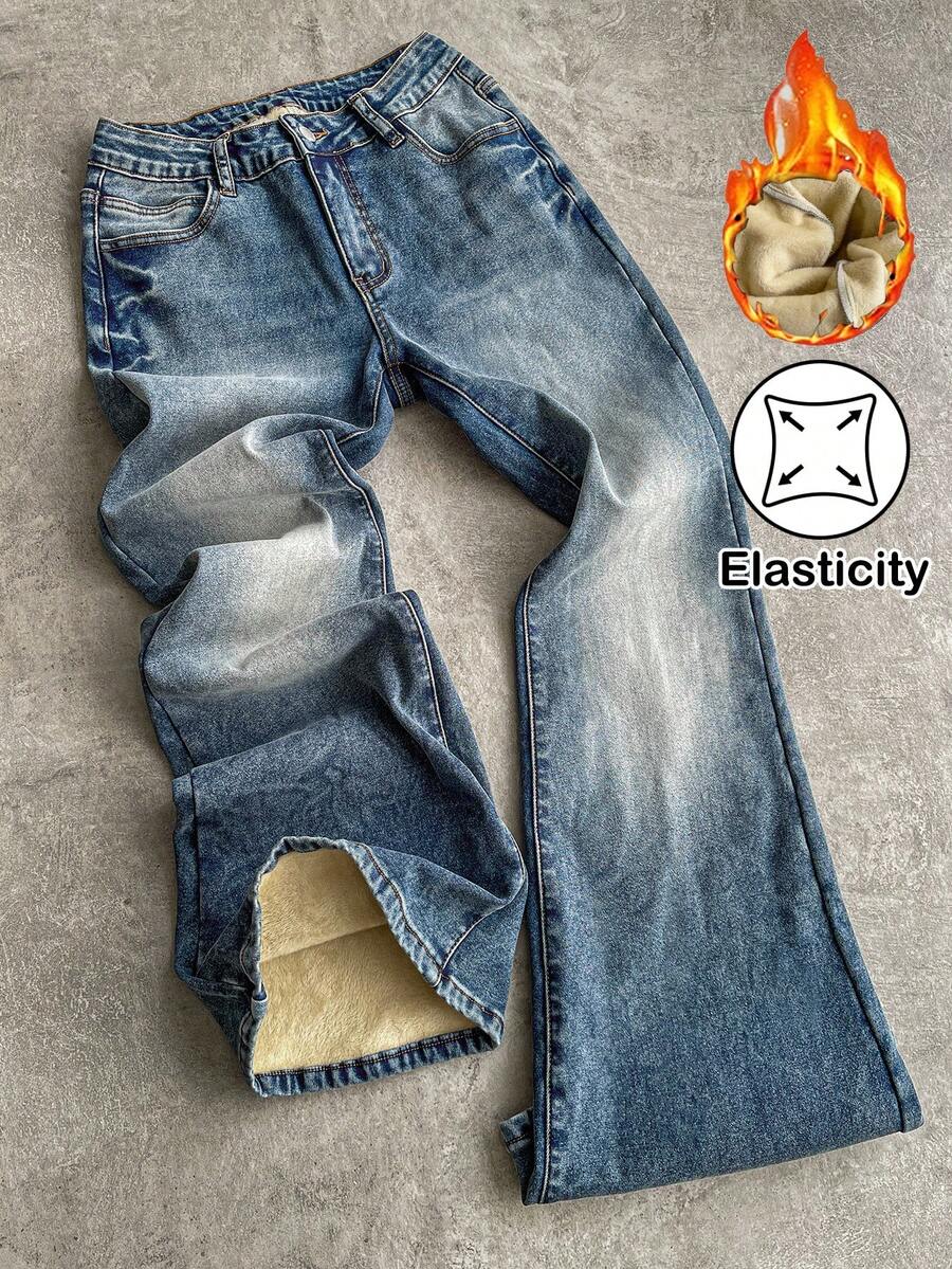 Attitoon 女式休闲百搭纽扣口袋保暖内衬牛仔裤