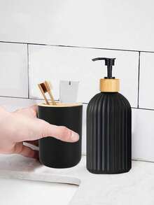 Bathroom Vanity Set, Includes Lotion Dispenser And Toothbrush Holder With Bamboo Lids Home Bathroom Decor Fall Decor Back To School - Black - View 5