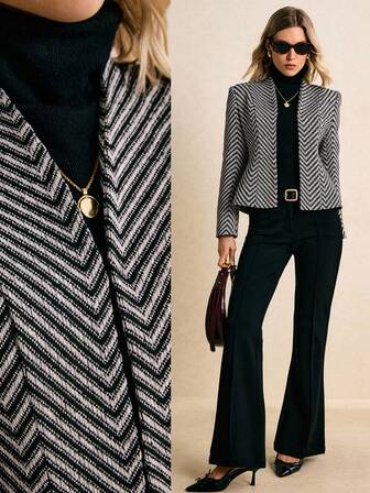 Poéselle 女士撞色波浪纹圆领长袖休闲常规夹克