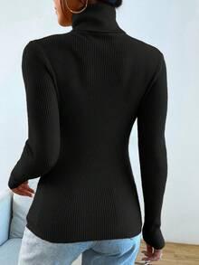 Aidyla Turtleneck Ribbed Knit Jumper Without Necklace - Black - View 2