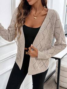 EMERY ROSE LUNE Casual Comfortable Hollow Rhombus Mesh Design Women Cardigan, Long Sleeve Top For Home, Vacation, Beach - Khaki - View 6
