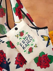 Frida Kahlo X SHEIN 1 túi mua sắm gấp gọn với hình vẽ hoạt hình dễ thương, túi tote có túi nhỏ kèm dây đeo, thích hợp cho các dịp: thiết kế hoa, Halloween, Ngày Lễ Người Chết, Ngày Lễ Người Chết, bộ xương và hoa, bộ xương, cúc vạn thọ, đầu lâu đường, nến - Nhiều màu - Xem 4