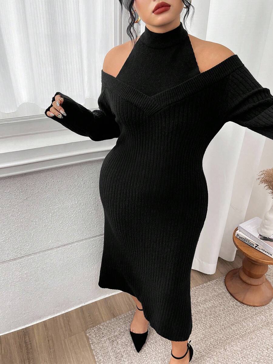 Modelyn Große Größen Elegantes Strickkleid in Unifarbe mit Trägerhals für Damen, Herbst-Winter-Kleidung, Schulterfrei - Schwarz - Übersicht 1