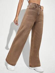 SHEIN PETITE Quần jeans ống đứng thường ngày có túi xéo dành cho nữ, mùa thu - màu nâu - Xem 5
