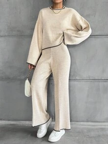 SHEIN PETITE Damski zestaw swetrów z dzianiny, top w paski z okrągłym dekoltem i długim rękawem oraz spodnie o luźnym kroju i prostych nogawkach