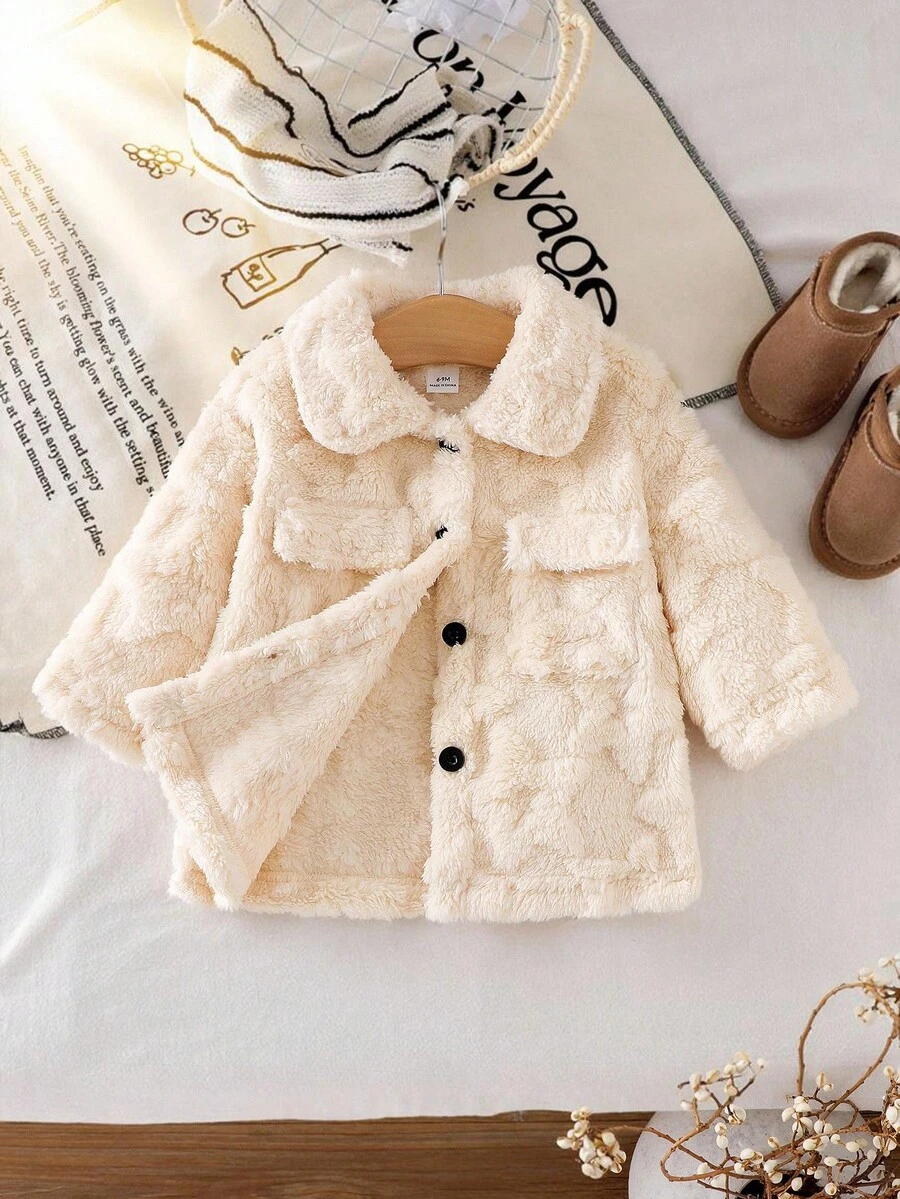 SHEIN Áo khoác dài tay có mũ trùm đầu bằng vải kaki dễ thương, thoải mái và thời trang cho bé gái mới biết đi, mùa thu/đông - Màu be - Xem 1