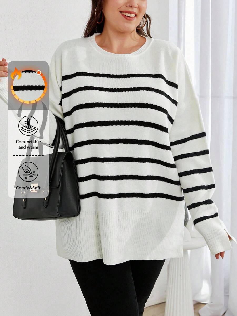 EURMUSE Suéter de talla grande con patrón de rayas y hombros caídos, para invierno - Blanco y Negro - Ver 1