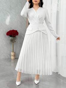 Modelyn Damen Einfarbiges Kleid mit V-Ausschnitt, Langarm, plissiertem Saum, elegantes Midi-Kleid - Weiss - Übersicht 4